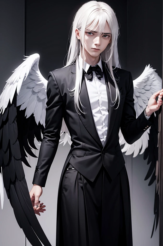 Homme ambivalent, half angel half devil, dark, white wings, dark background, black clothes