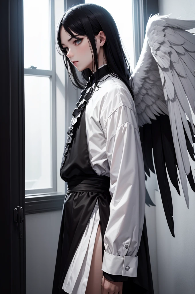 Homme ambivalent, half angel half devil, dark, white wings, dark background, black clothes