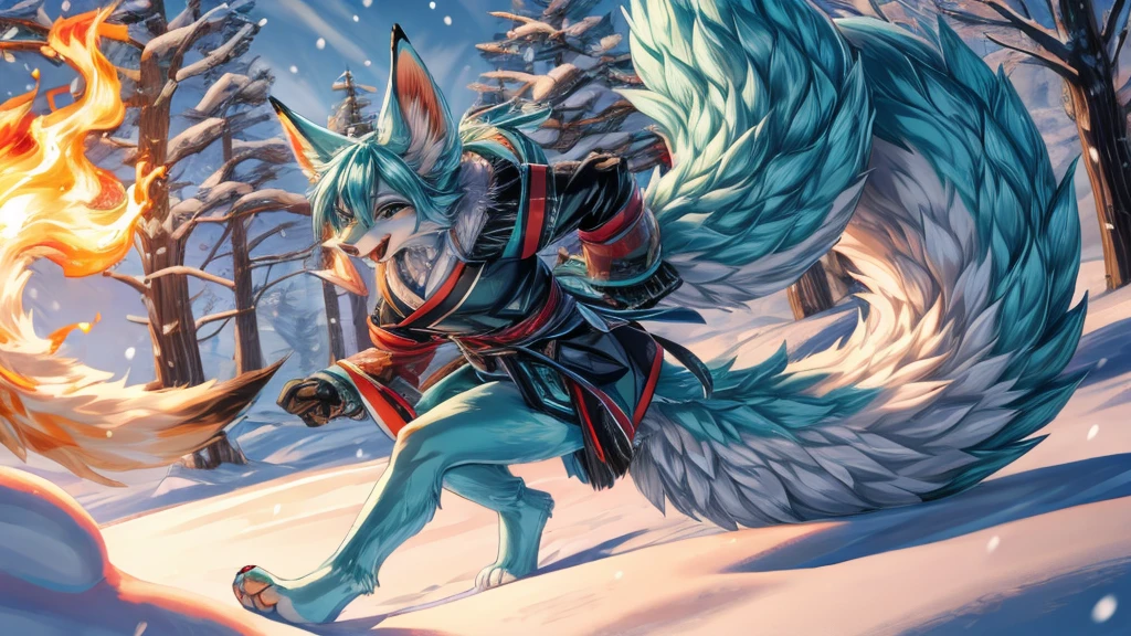 The best quality, Japanese adolescent hatsune miku x kitsune , fox face elongated snout add-detail, Surprise face, body on fire add_detail,, kitsune warrior in the snow add_detail:1, Whole body, barefoot add_detail:1