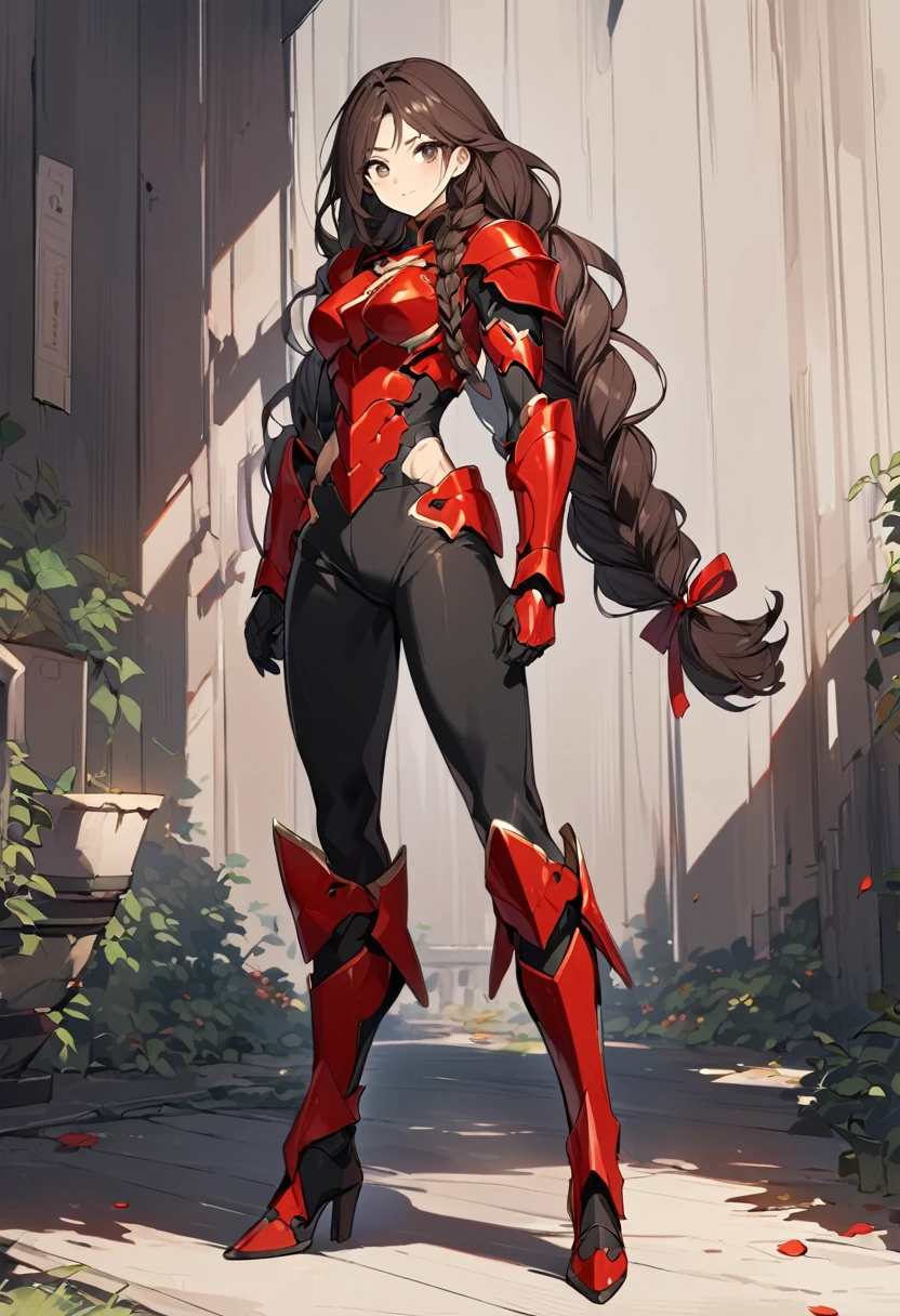 A beatiful anime woman, really long dark brown hair in braids, dark brown eyes, thin red armor details, black pants, black boots, slim muscle build, standing, full body