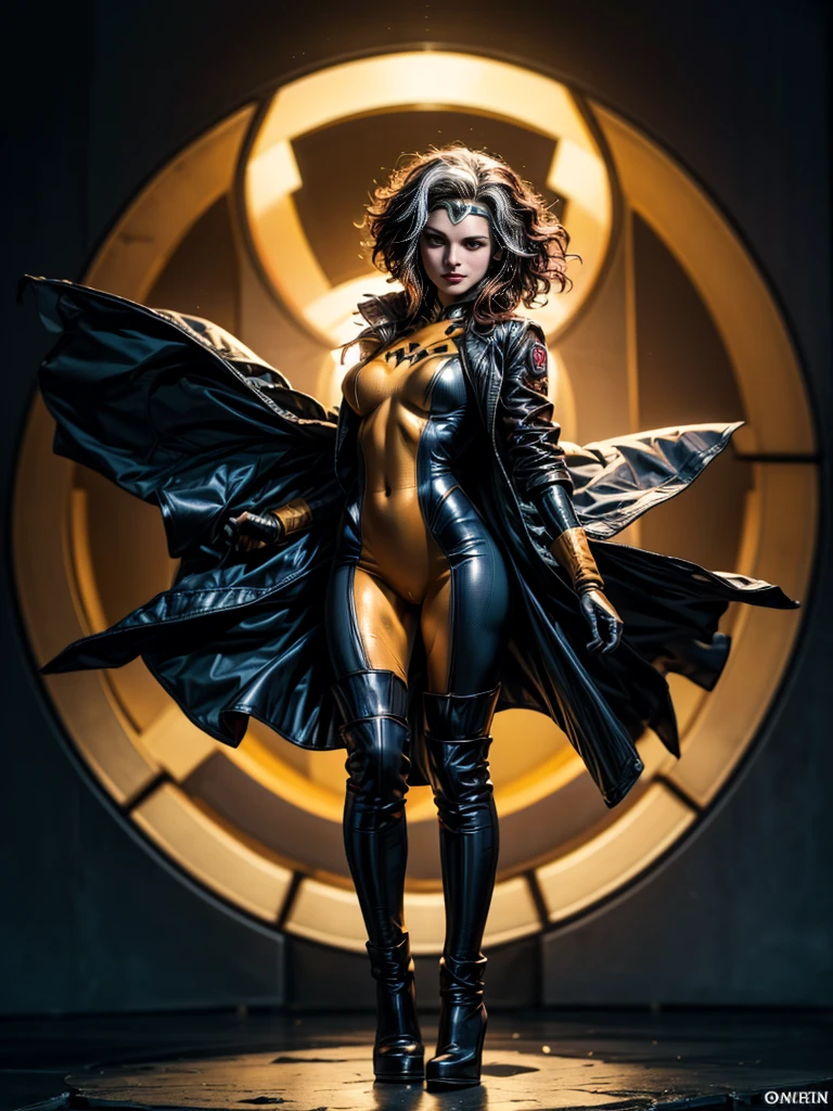 Gal Gadot、masterpiece、High quality 4K、villain (X-Men)、Gothic Girl、Sculpted Body Gothic Makeup、Black jacket、Red and blue bodysuit、masterpiece、Highest quality、Cowboy Shots、One personの女の子、One person、Technology Military Bodysuit、fringe