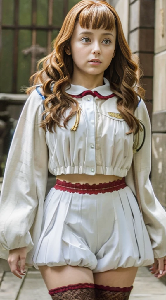 Highest quality、Highest quality、16k quality、Highly detailed figure、Highly detailed face、Highly detailed eyes、Highly detailed nose、Highly detailed facial expressions、Highly detailed costume、Highly detailed hourglass shape、Highly detailed feet、Highly detailed thighs、Being in reality、、Mimosa Vermillion、main character、Brown Hair、White long sleeve knitted clothing、You can see the shape of the chest、服の上からYou can see the shape of the chest、Light brown robe、Magic Knights Emblem、ローブの隙間から胸が見えるClose to the skinする服茶色い革製の腹巻き、White knit shorts、Emphasizes the shape of the chest、Brown leather long socks、Her thighs are visible between her shorts and tights、You can see the shape of the chest、G cup bust size、Big Breasts、Close to the skin、Tight、Full body photo、Are standing、Emphasizes the beauty of thigh muscles、Full body photo、Front view、