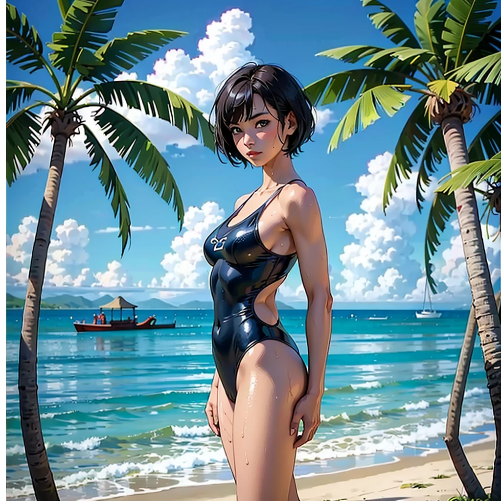 ((highest quality, masterpiece, High resolution)), ((reality)),Photos of beautiful Japanese women,((anime art))、 (((1 girl))), normal size breasts, slim body shape, medium short hair, double eyelid, Wet see-through one-piece swimsuit,, A pareo with bold ethnic patterns and plenty of primary colors、realistic skin、Wet,whole body,cinematic light、tropical、Against the background of palm trees on both sides、on a sunny beach、With the sea in the background、blur background、Clean abs,