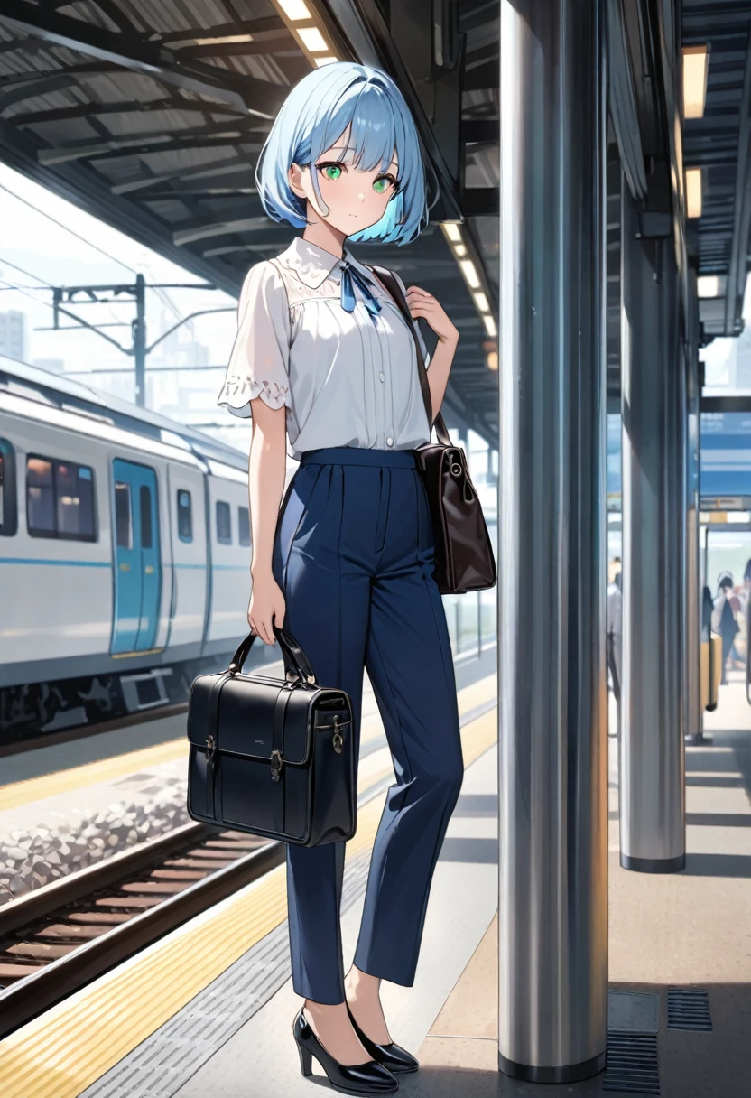 Highest quality、Light blue hair、Short Bob、Deep green eyes、Small breasts、Short sleeve blouse、Navy blue slacks、Black pumps、He has a work bag hanging from his shoulder.、Waiting at the station for the train to arrive