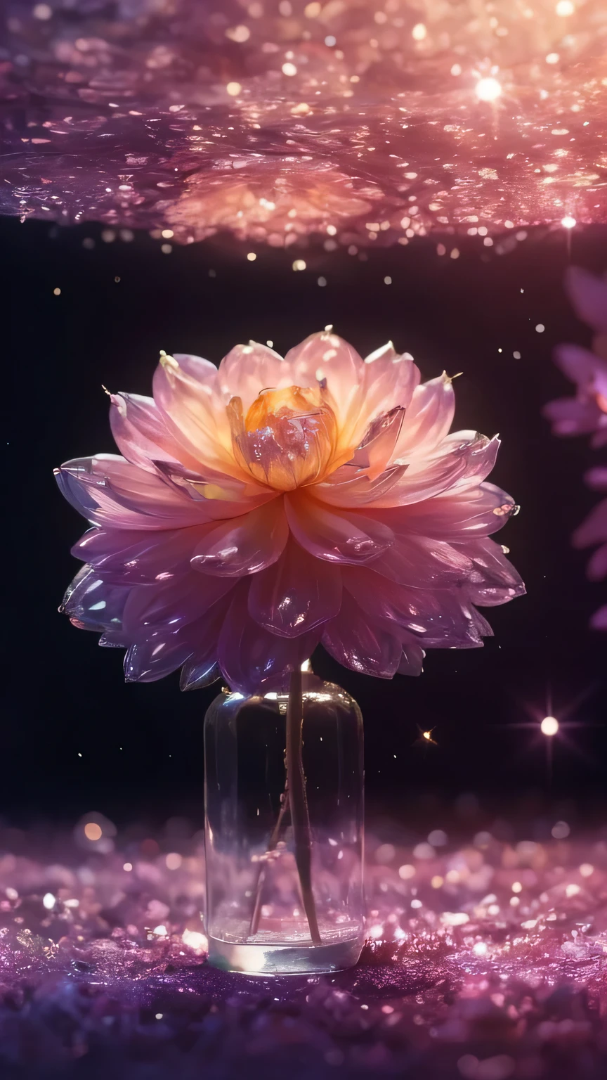 Crystal Blossom Flower,Dahlia Fantasy, Milky Way, transparent, 
Sparkling, Sparkling, wonderful, colorful, 
Magical Pictures, Dramatic lighting, Photographic realism, Super detailed, 4K, Depth of written boundary, High resolution
