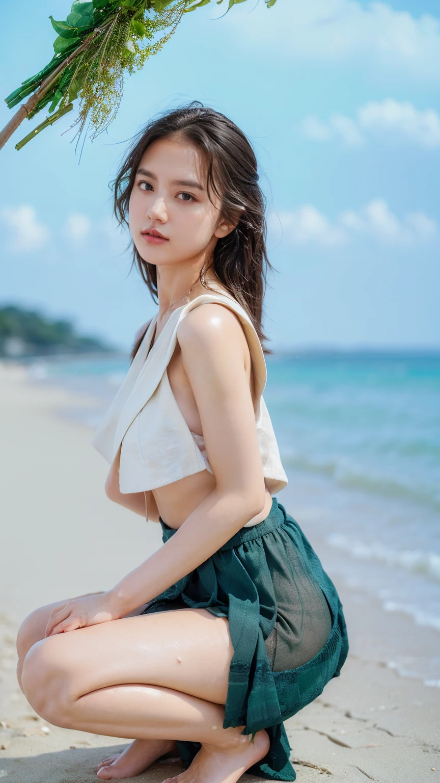 (((Top-down configuration:1.33)))、((No underwear:1.55))、One Girl、Beautiful and detailed eyes and face、barefoot、20 year old cute Japan woman, ((Extremely precise and accurate anatomy:1.0)), (photo Realistic:1.4), (hyper Realistic:1.4), (最高品質のRealisticな肌の質感:1.4), (Improvement of quality:1.4), (Enhances the beauty of skin texture:1.1), Clean and glowing skin, mesh, thin:1.2, (Realistic:1.3), Realisticなライティング, (Smoother lighting:1.05), (Improving the quality of cinema lighting:0.9), Backlight, A gentle light on your face, Ray Tracing, (Bright light:1.2), 32K, One Japanese woman, fine grain, Detailed face, (Film Grain:1.1),(Accentuates body lines:1.1), High resolution, Natural look, Kind eyes, Improves hair quality, Delicate light and shadow, Transparent muscles, Graceful pose, Beautiful Eyes, Sharp details, Soft light reflection, Beautiful contours, Delicate skin tone, Fine hair texture, Natural background, (((sunny day、Beach、A strong wind is blowing、Her hair and skirt are flying、Squat, Open shirt、Pleated skirt、Scooping seawater with hands:1.25、splash、Sandy Beach、Light of the sun、clear blue sea、The waves crash quietly、Blue sky and white clouds、Green Mountain々、Beautiful Nature、The joys of youth)))、