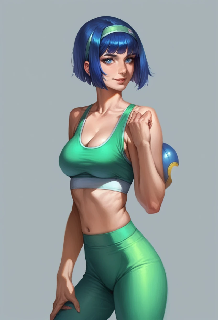 blue hair,blue eyes,short hair,jewelry hairband, short hair, bob cut,masterpiece, best quality, photorealistic, yujiasuit, yoga sports bra, yoga pants, 1girl, solo, , yoga ball, pants, looking at viewer, smile, green sports bra, simple background, , midriff,, breasts, green pants, sportswear, tank top, upper body,