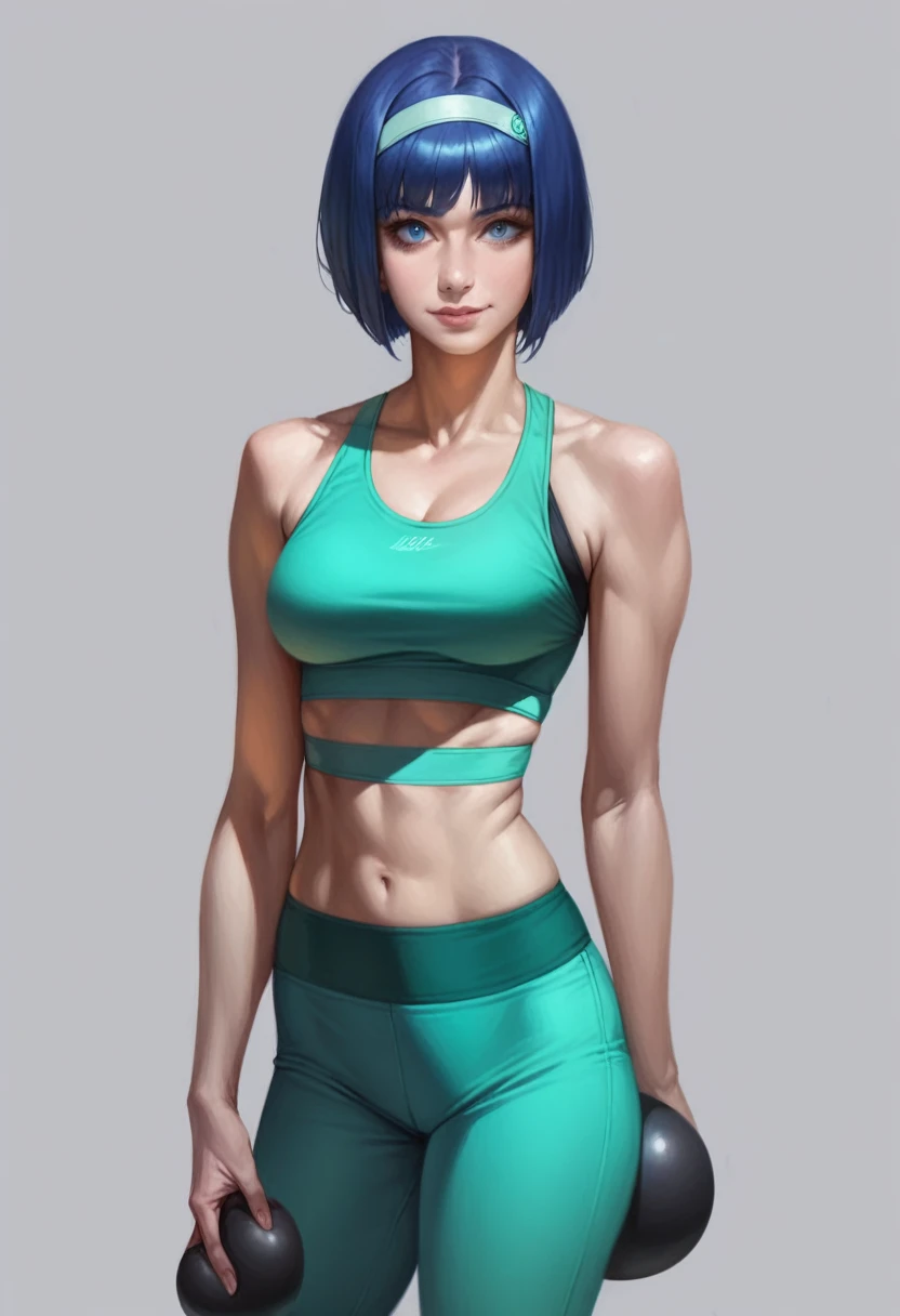 blue hair,blue eyes,short hair,jewelry hairband, short hair, bob cut,masterpiece, best quality, photorealistic, yujiasuit, yoga sports bra, yoga pants, 1girl, solo, , yoga ball, pants, looking at viewer, smile, green sports bra, simple background, , midriff,, breasts, green pants, sportswear, tank top, upper body,