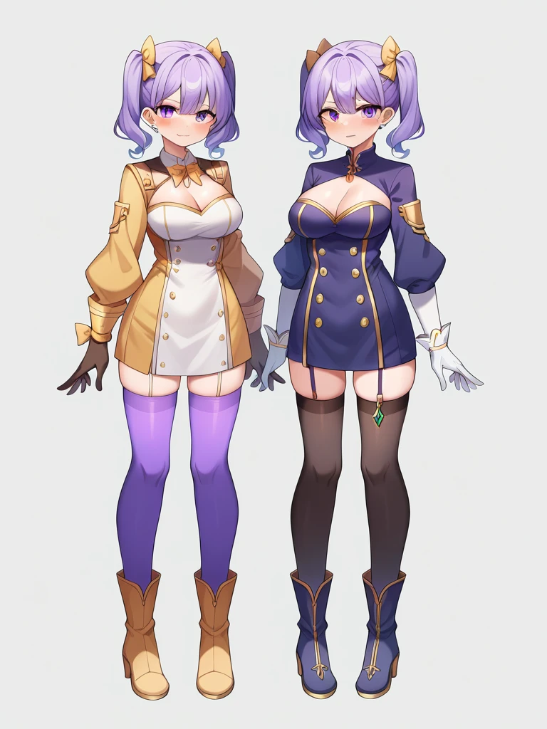 Gender: FemaleHeight: Approximately 163 cm (5'4")Physical appearance:hair: long, lacio y violet in color. Tied in two high pigtails with gold bows.eyes: big ones, violet in color.fur: clara.outfit:Main Suit: Short combat dress in purple and white tones with gold details.Upper part: Purple fitted bodice with gold decorations and light gold armor on the shoulders.Bottom: short skirt with ruffles, with gold patterns and white details.Accessories: Gloves without fingers, golden ribbons tied around arms and legs, short and thin coat.Footwear: Knee High Boots, purple with gold and white details.

Medium large breasts with cleavage. If your height must be one meter sixty. The camera perspective should be upwards and highlight her nylon stockings..
He has purple electricity around his body 