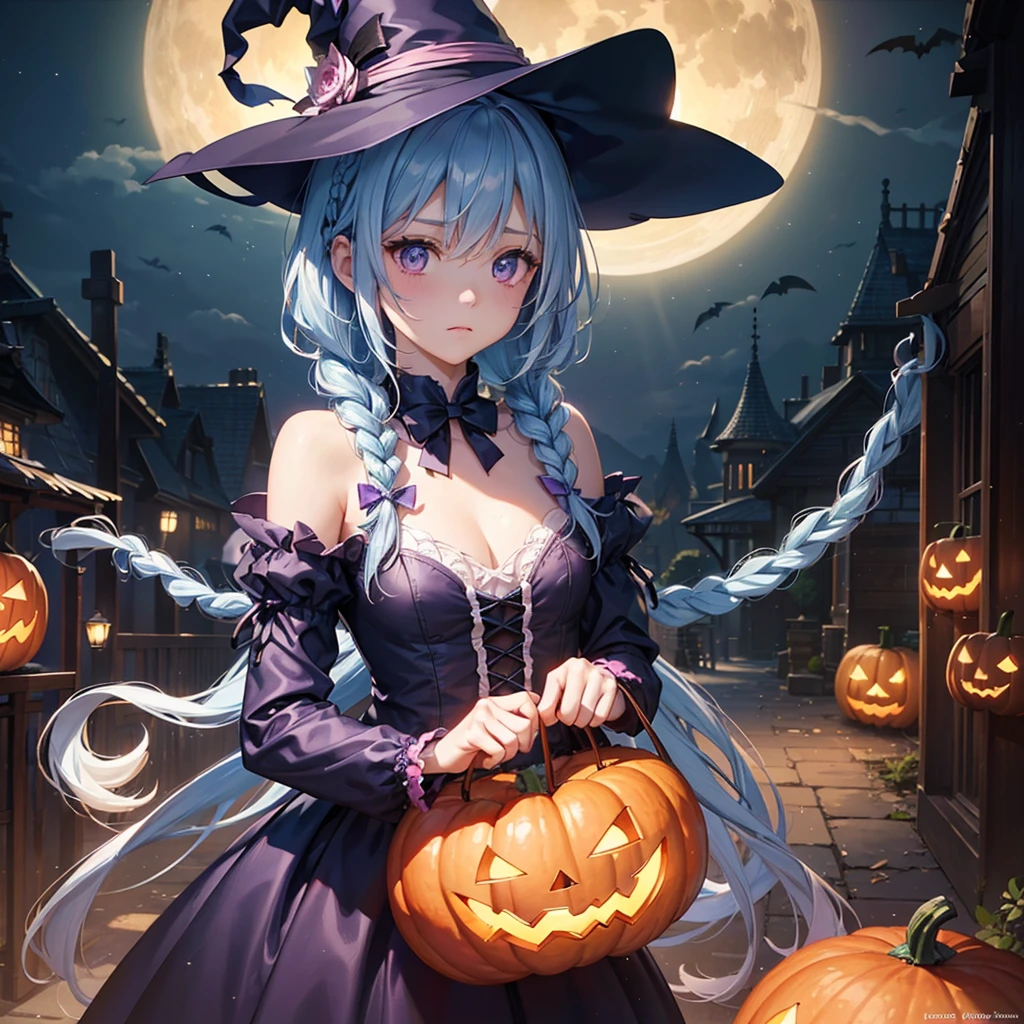 (Light blue medium hair:1.2),(Braided hair:1.2)、Pink eyes、Fair skin、cowboy shot、Halloween、The background is a pumpkin ghost、Crescent Moon、Trick or Treat、A lot of sweets、witch、Halloween night、Candy、many bat、Condescending expression、solo、(masterpiece、Highest quality、Very detailed、Best Shadow)、(Detailed Background)、(Beautifully detailed face)、High contrast、(Best lighting、Very delicate and beautiful)、(Cinematic Light)、colorful、Hyper Detail、Dramatic Light、Exquisite detail、