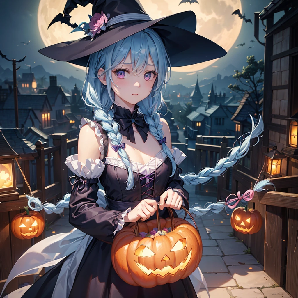 (Light blue medium hair:1.2),(Braided hair:1.2)、Pink eyes、Fair skin、cowboy shot、Halloween、The background is a pumpkin ghost、Crescent Moon、Trick or Treat、A lot of sweets、witch、Halloween night、Candy、many bat、Condescending expression、solo、(masterpiece、Highest quality、Very detailed、Best Shadow)、(Detailed Background)、(Beautifully detailed face)、High contrast、(Best lighting、Very delicate and beautiful)、(Cinematic Light)、colorful、Hyper Detail、Dramatic Light、Exquisite detail、