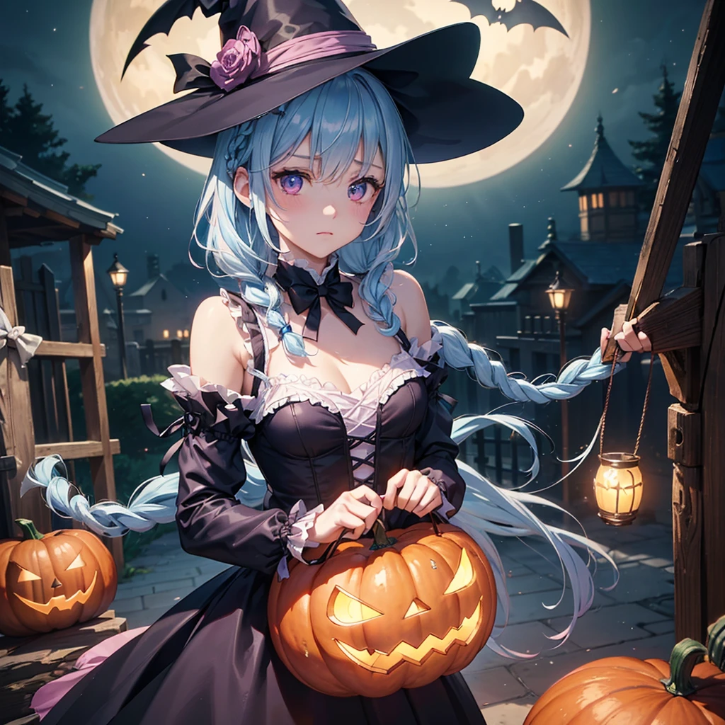 (Light blue medium hair:1.2),(Braided hair:1.2)、Pink eyes、Fair skin、cowboy shot、Halloween、The background is a pumpkin ghost、Crescent Moon、Trick or Treat、A lot of sweets、witch、Halloween night、Candy、many bat、Condescending expression、solo、(masterpiece、Highest quality、Very detailed、Best Shadow)、(Detailed Background)、(Beautifully detailed face)、High contrast、(Best lighting、Very delicate and beautiful)、(Cinematic Light)、colorful、Hyper Detail、Dramatic Light、Exquisite detail、