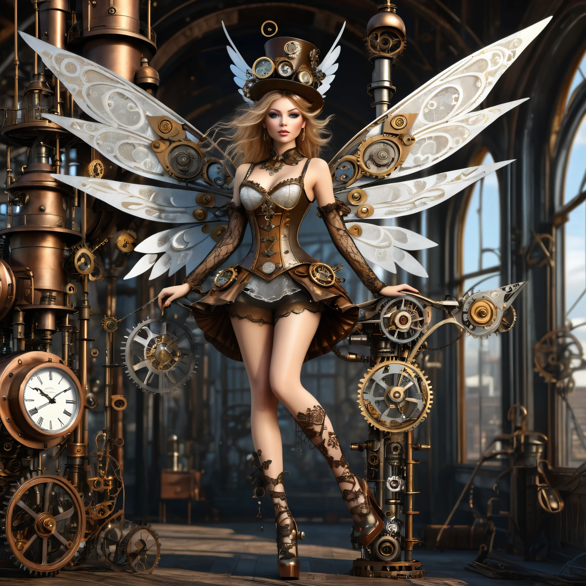 exquisite 2.5d rendering of a gorgeous steampunk fairy, high heels, ((highly detailed face)), flying around a tower made of metal junk and clockwork parts, metal trimmed wings, clothing made of lace and steel, clockwork home