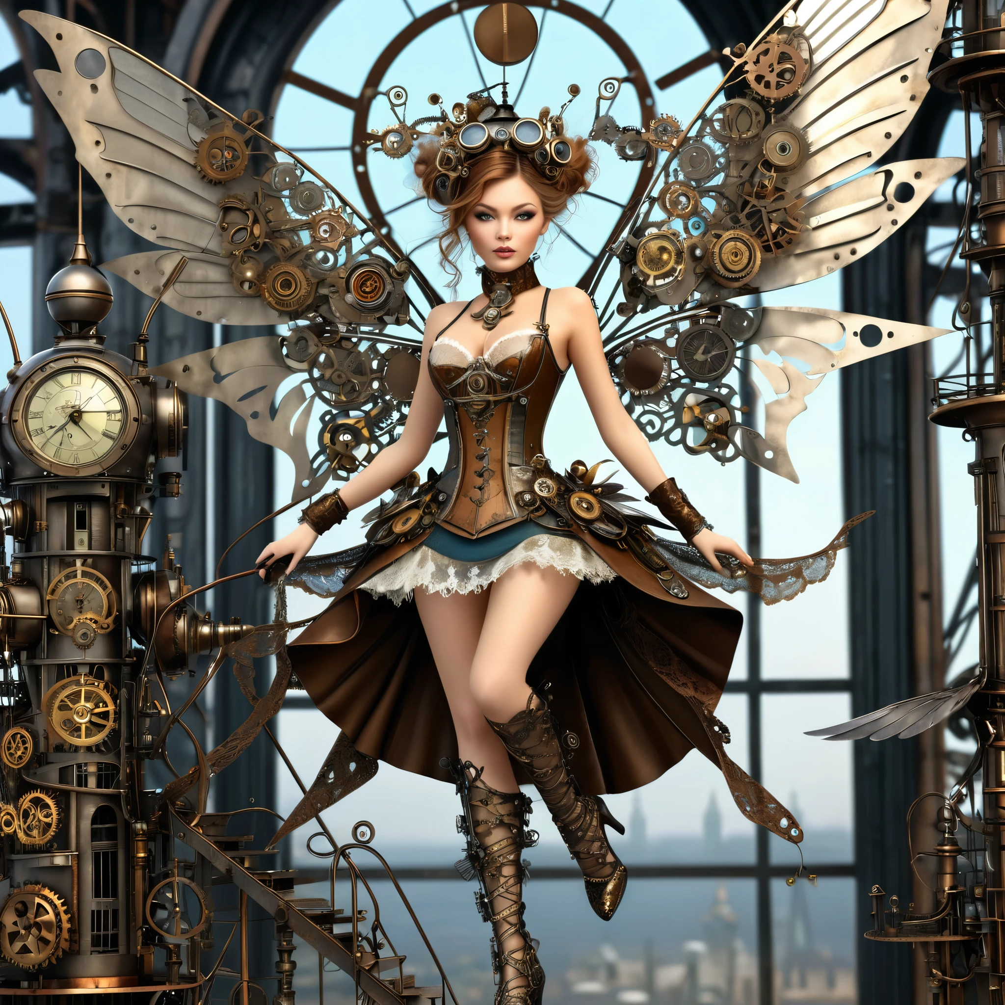 exquisite 2.5d rendering of a gorgeous steampunk fairy, high heels, ((highly detailed face)), flying around a tower made of metal junk and clockwork parts, metal trimmed wings, clothing made of lace and steel, clockwork home
