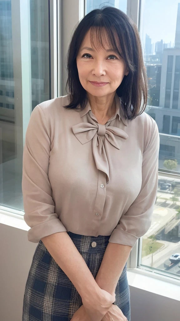 One girl, Mature Woman, Best, bow, photograph, Realistic, Highest quality, employment, Detailed face, office, Building seen from the window, Detailed Background, Diffused sunlight, Depth of written boundary, Bokeh