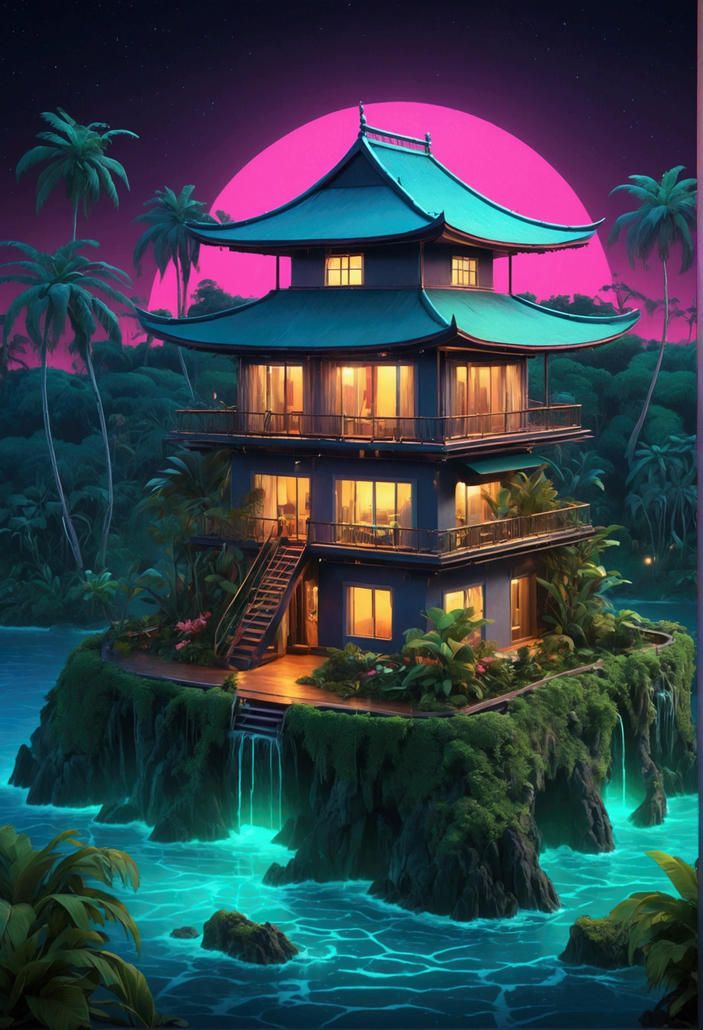 Isolated tiny island at the middle of the ocean with an extremely luxurious villa surrounding a creepy jungle at night, (Framed 3D, House), UHD, Synthwave art style, retro-futuristic aesthetic, vibrant neon colors, nostalgic 80s imagery, futuristic landscapes, nostalgic and atmospheric, Japanese traditional art style, delicate lines, subtle colors, intricate details, dynamic compositions, cultural heritage, adds elegance and sophistication