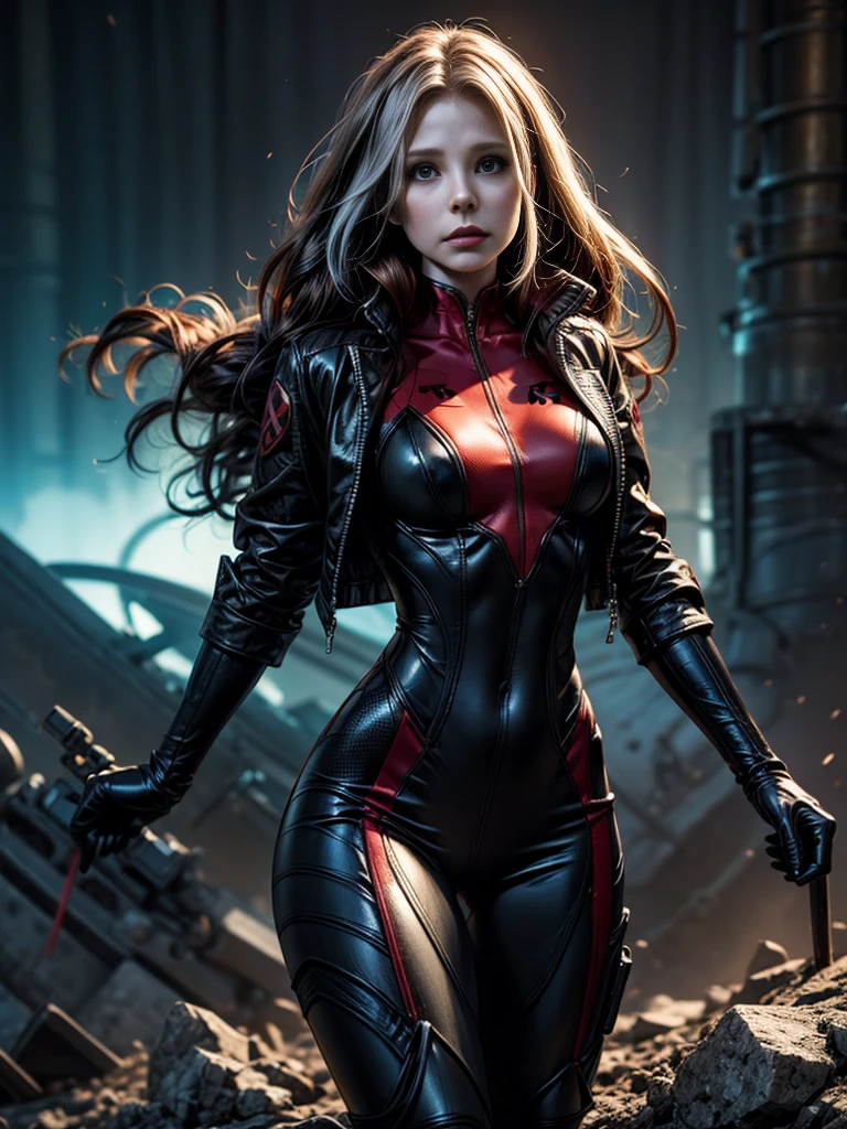 Kristen Bell、masterpiece、High quality 4K、villain (X-Men)、Gothic Girl、Sculpted Body Gothic Makeup、Black jacket、Red and blue bodysuit、masterpiece、Highest quality、Cowboy Shots、One personの女の子、One person、Technology Military Bodysuit、fringe