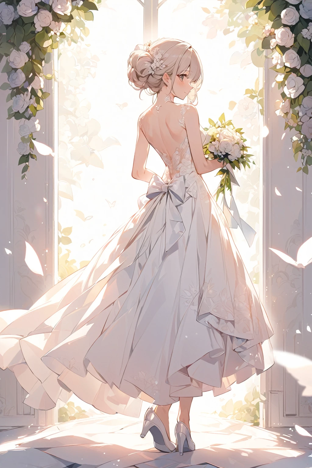 (whole body)、(upright)、Back view、Cute single women、Wedding dress