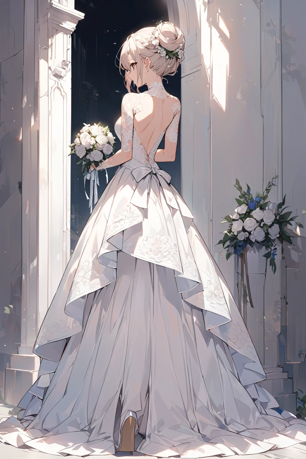 (whole body)、(upright)、Back view、Cute single women、Wedding dress