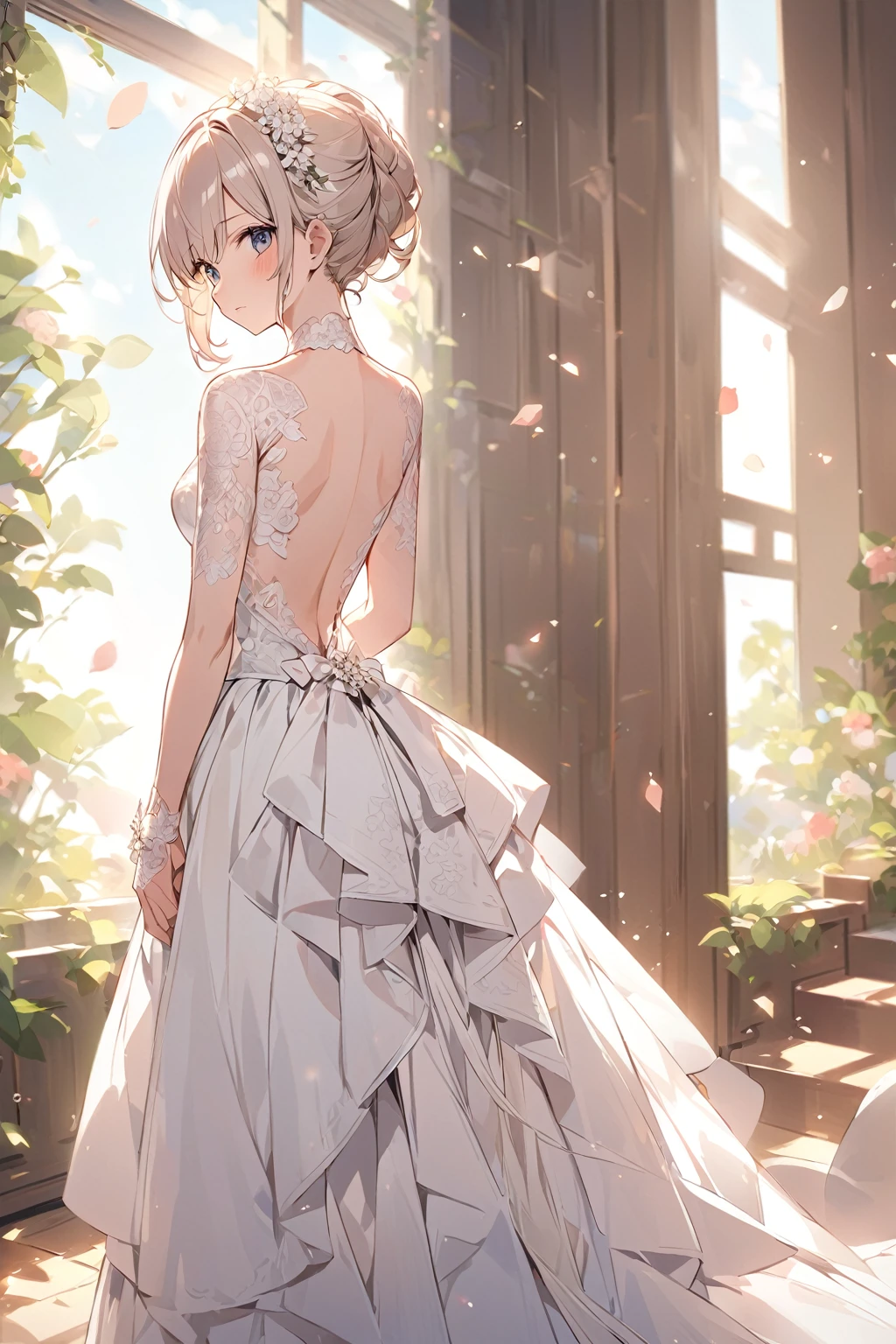 (whole body)、(upright)、Back view、Cute single women、Wedding dress