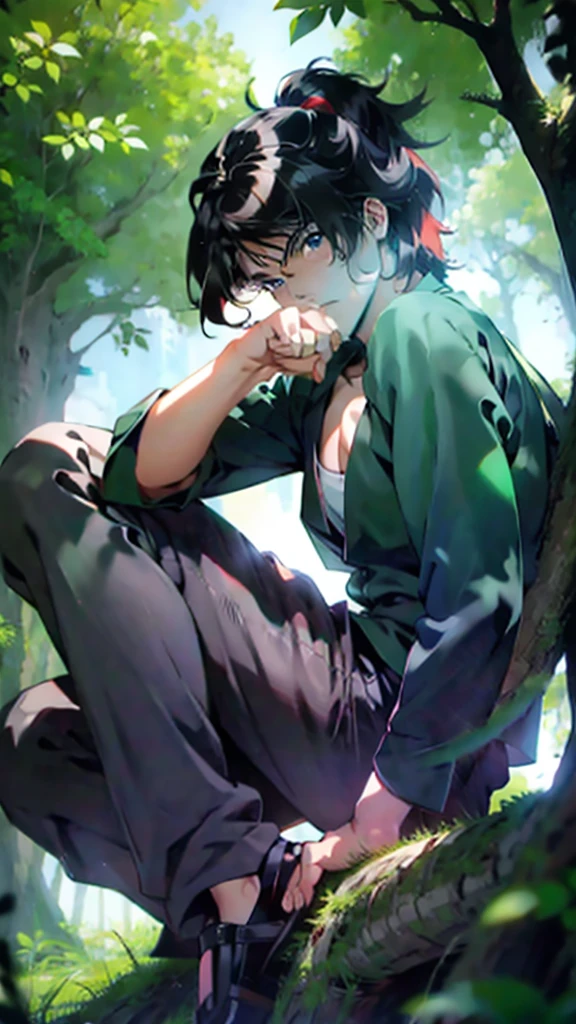 ((cpzrinn)), (close up: 1.5), 1 man, fashion photoshoot, ultra high definition, realistic, perfect hands, dynamic angle, dynamic pose, (sitting under a big tree: 1.5), ((perfect sunset)), ((wonderful natural lighting)), ((Masterpiece)), ((best quality)), (Anime:2.0), (super detail:1.5), (High Definition:1.5), (Professional Photography:1.3), (Beautiful:1.2), (Beautiful face:1.2), ((Detailed background:1.3)), (Vibrant colors:1.2), (Sharp focus:1.2), (Soft lighting:1.1), (Dynamic composition:1.1)