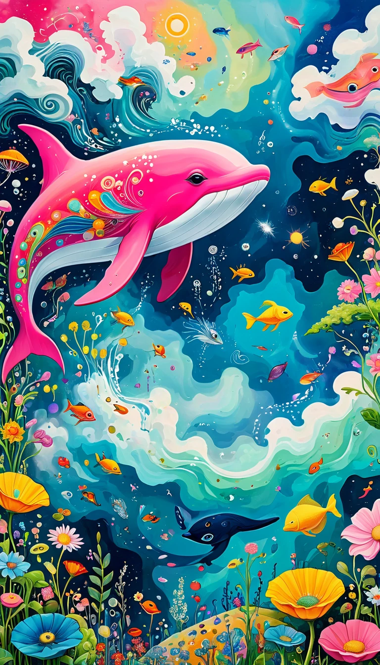 Children's graffiti,Artists from the stars,Child,joy, Flying pink Whale:1.37、Eruption Cloud、flowesh、章fish触手瀑布。、bird、Eye、diatom,Abstract mosaic painting,Describing the inner world of autistic people,Large area of white,interesting,Innocence,Vision,Psychedelic Art,