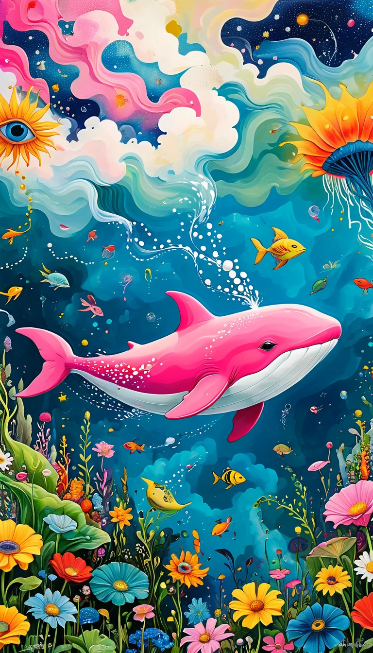 Children's graffiti,Artists from the stars,Child,joy, Flying pink Whale:1.37、Eruption Cloud、flowesh、章fish触手瀑布。、bird、Eye、diatom,Abstract mosaic painting,Describing the inner world of autistic people,Large area of white,interesting,Innocence,Vision,Psychedelic Art,