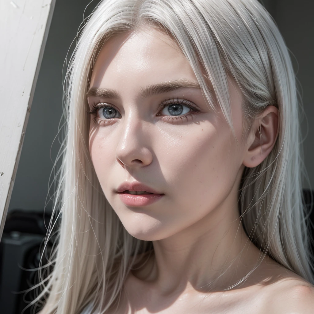 White hair, shorth hair, 30years, two meters and fifteen tall, brawny