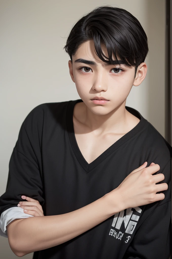 Man 13 years old short straight hair low fade white skin black eyes high eyebrow risk