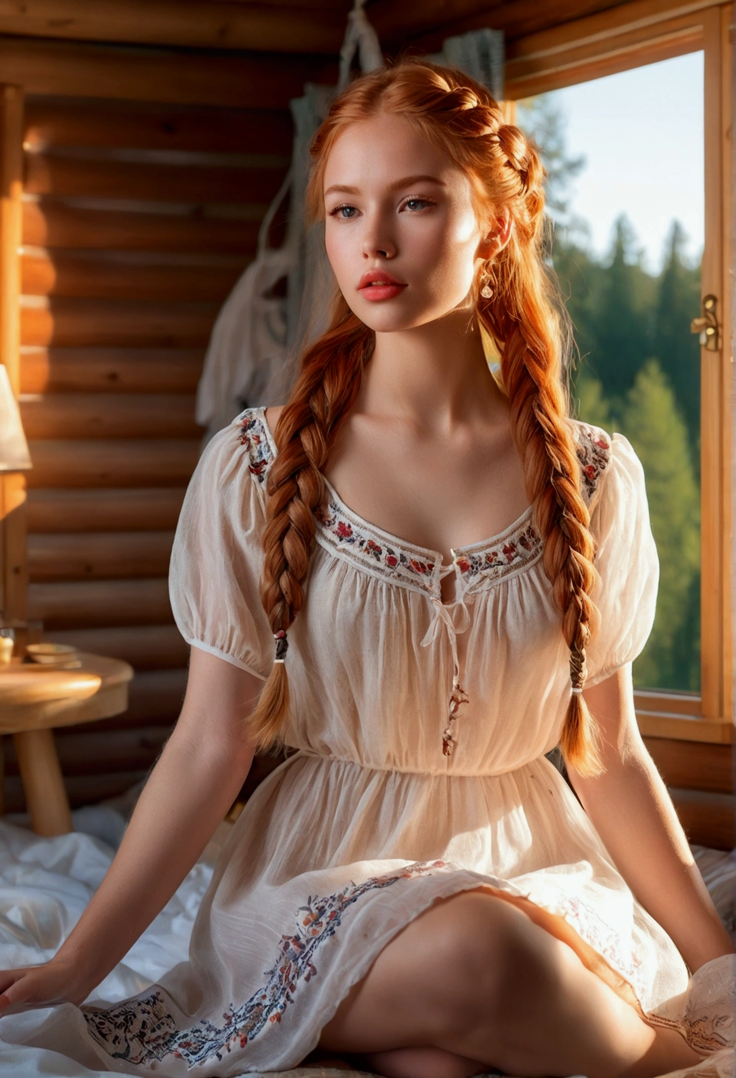 nordic young woman, beautiful face, seductive, Best Quality, masterpiece, translucent summer dress, golden hour, Detailed textures, long braided hair, Sitting on the bed, Posing, pose casual, Log cabin, interior, [blush], Aesthetic, Intricate, Caustics, Light rays, sunlight, (((smooth lips))), (((bright lips))), Very detailed, (semi-realist:1.2), niloudef, Red hair