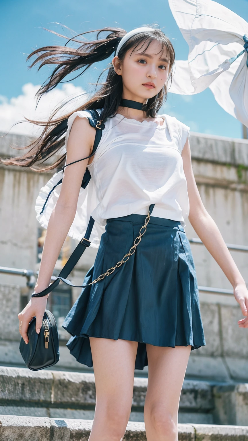 ((Viewing angle from below、Highest quality、masterpiece、32K、Every detail))、Descend the outdoor stairs、commute、Systemic symptoms、Traditional navy blue sailor uniform、White blouse、Pleated skirt、(((A strong wind blows my hair and skirt away:1.62)))、((I always wear the shoulder strap of my bag across my body...:1.22))、One Girl, alone、(((mini skirt, No underwear:1.22)))、Big Breasts、barefoot, High heels