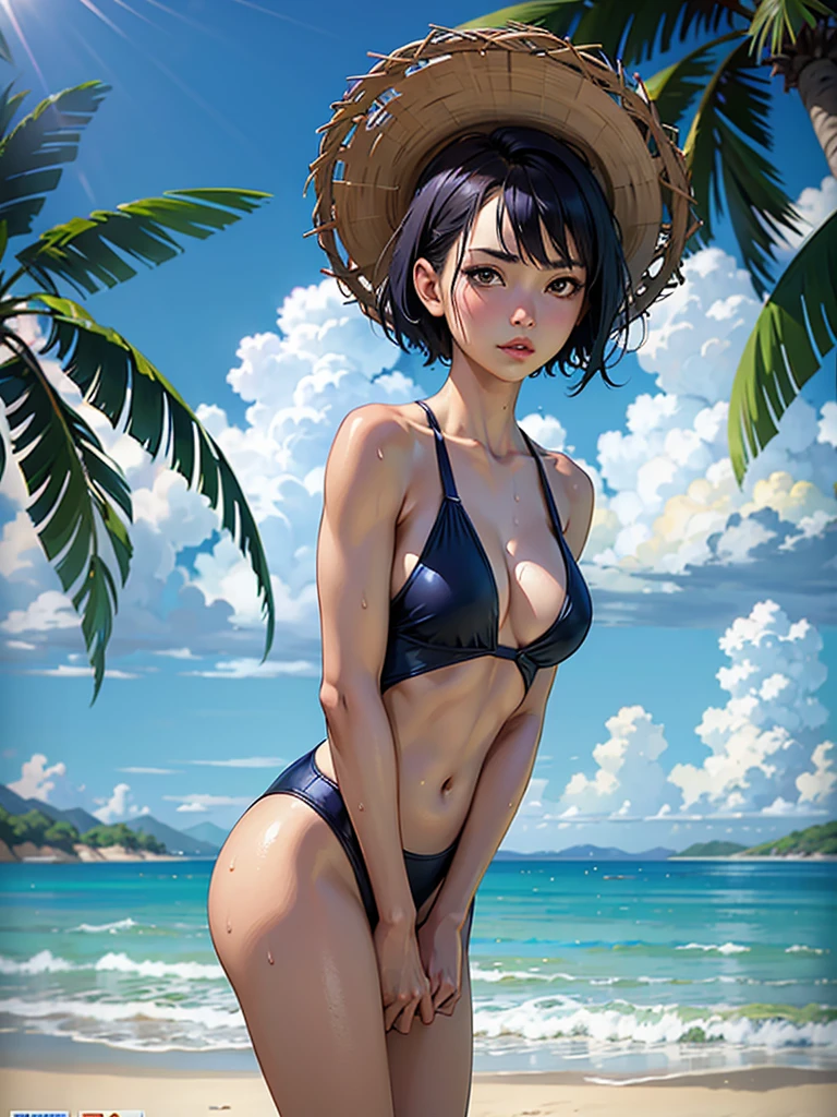 ((highest quality, masterpiece, High resolution)), ((reality)),Photos of beautiful Japanese women,((anime art))、 (((1 girl))), normal size breasts, slim body shape, medium short hair, double eyelid, Wet see-through one-piece swimsuit,, A pareo with bold ethnic patterns and plenty of primary colors、realistic skin、Wet,whole body,cinematic light、tropical、Against the background of palm trees on both sides、on a sunny beach、With the sea in the background、blur background、Clean abs,