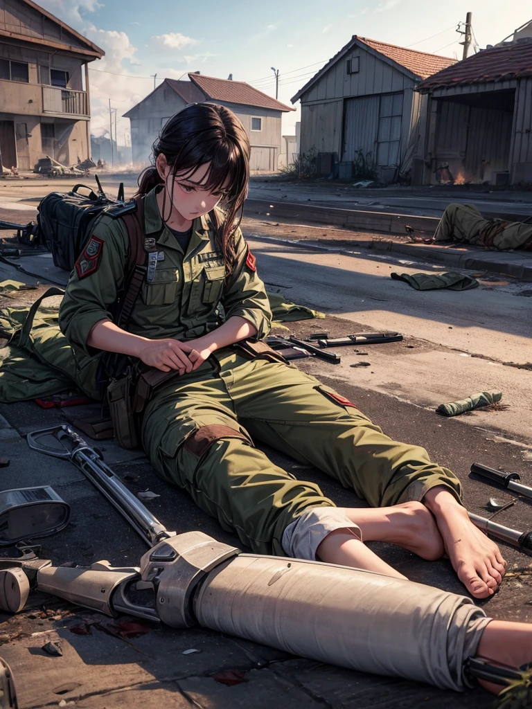 Injured soldier lying on the ground in army clothes, Weapons on the ground,  houses on fire 