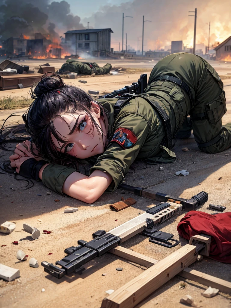 Injured soldier lying on the ground in army clothes, Weapons on the ground, houses on fire