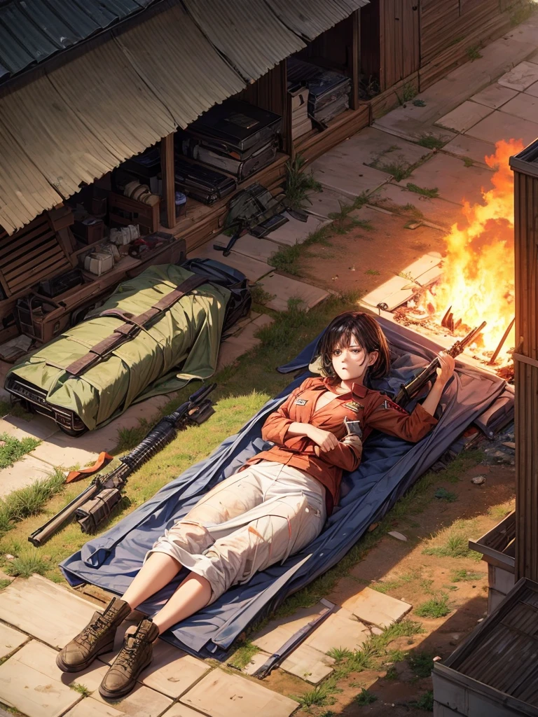 Injured soldier lying on the ground in army clothes, Weapons on the ground, houses on fire