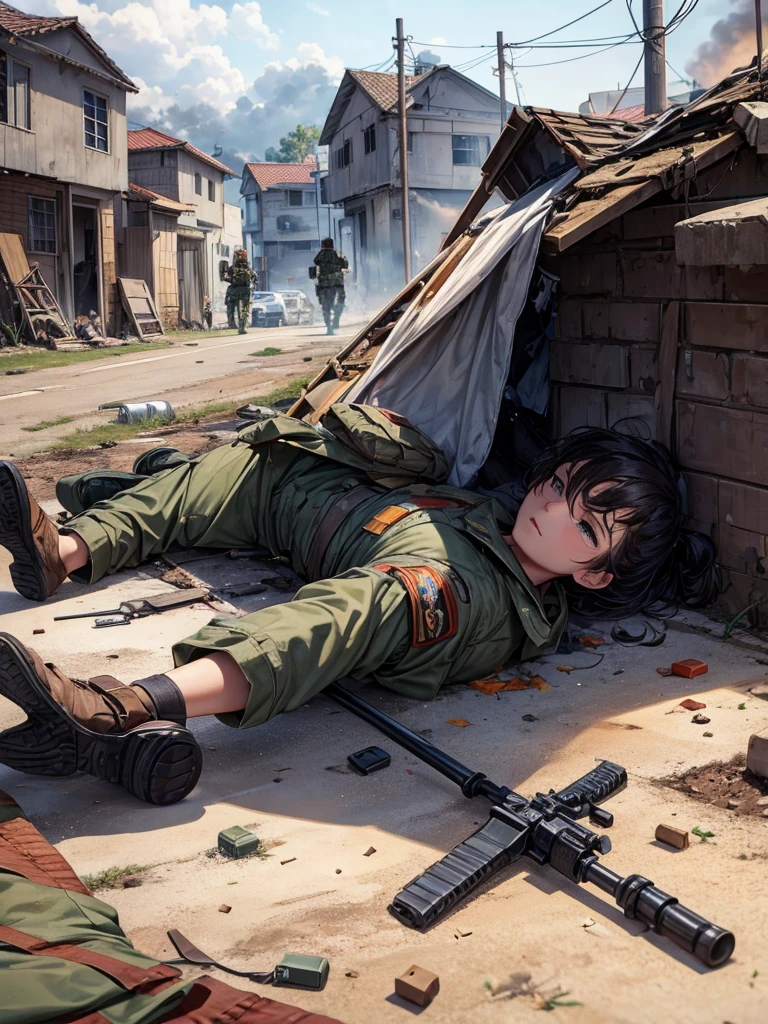 Injured soldier lying on the ground in army clothes, Weapons on the ground, houses on fire