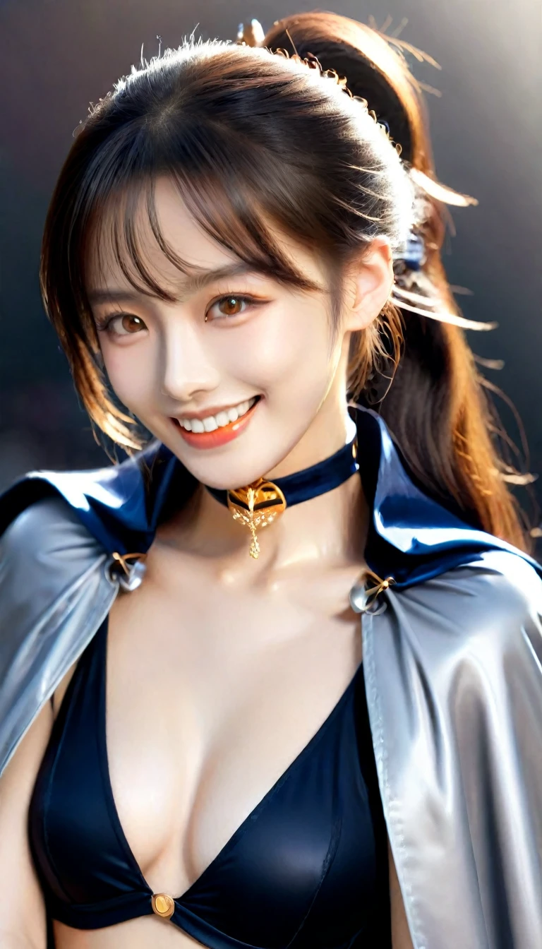 (RAW photo, best quality, masterpiece, ultra-detailed, high res), (realistic),(extremely delicate and beautiful:1), mesmerizing woman with long hair in sleek high ponytail , (((wearing glossy silver and gold lined cloak fastened at the neck :1.20))), crop top and hotpants , detailed features, smiling expression of feelings, imaginative, highly detailed, extremely high-resolution details, photographic, realism pushed to extreme, fine texture, 4k, ultra-detailed, high quality, high contrast, full body shot