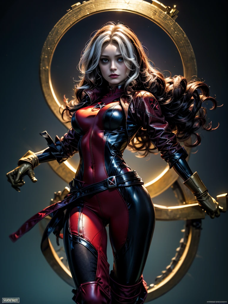 Brie Larson、masterpiece、High quality 4K、villain (X-Men)、Gothic Girl、Sculpted Body Gothic Makeup、Black jacket、Red and blue bodysuit、masterpiece、Highest quality、Cowboy Shots、One personの女の子、One person、Technology Military Bodysuit、fringe