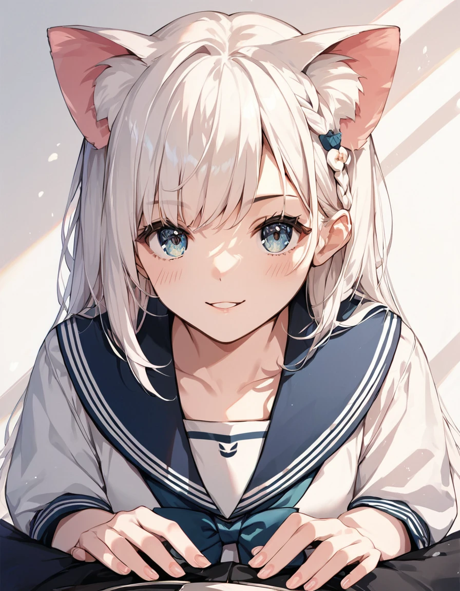 score_9, score_8_up, score_7_up, score_6_up, source_anime, rating_safe, masterpiece, best qualityer, Cat-eared girl with white hair, Straight ahead, Viewer's POV, hands out, adolable, sailor outfit