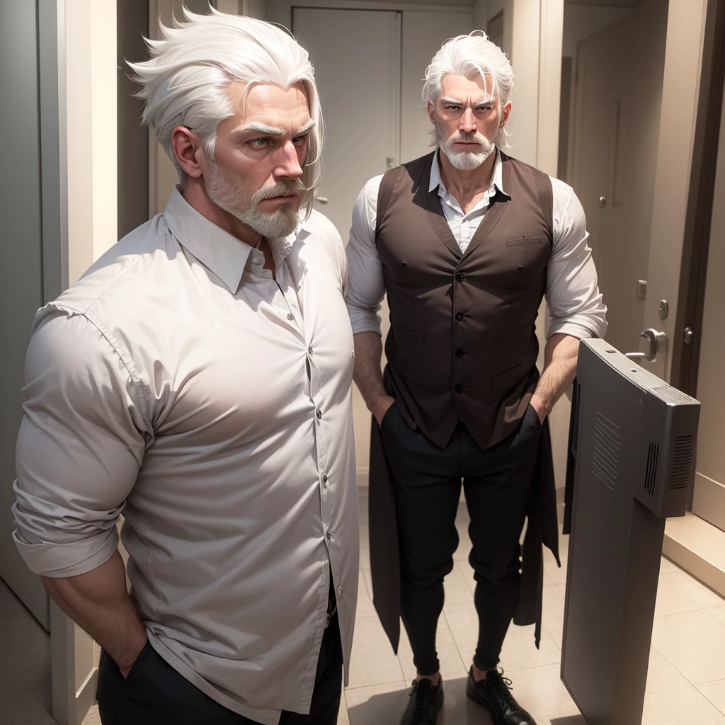 Man White hair, shorth hair, 30years, two meters and fifteen tall, brawny