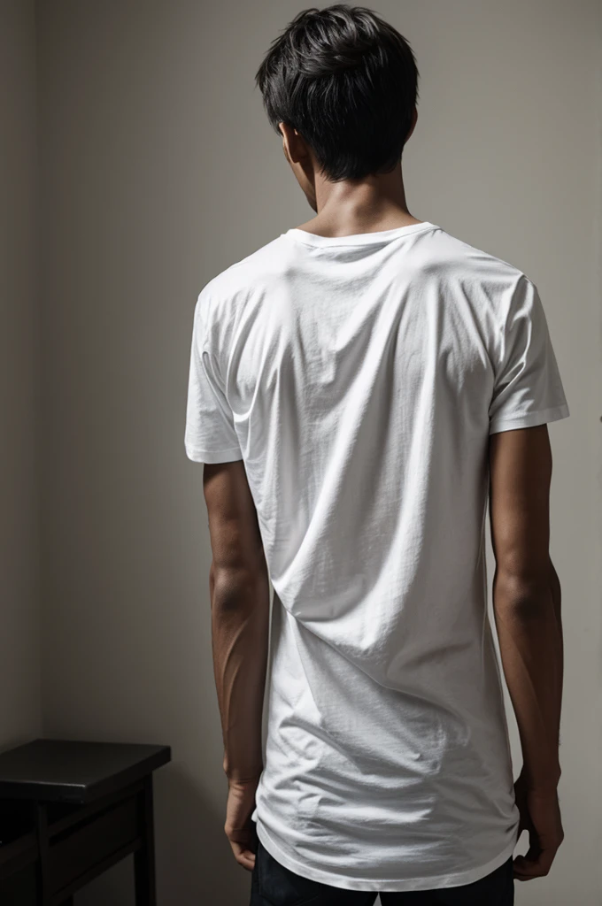 Dark room with emaciated young man dressed in white t-shirt with his back turned