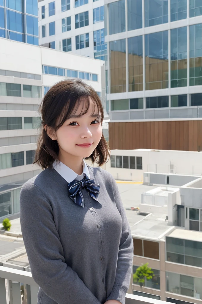 One girl, young woman, Best, bow, photograph, Realistic, Highest quality, employment, Detailed face, office, Building seen from the window, Detailed Background, Diffused sunlight, Depth of written boundary, Bokeh