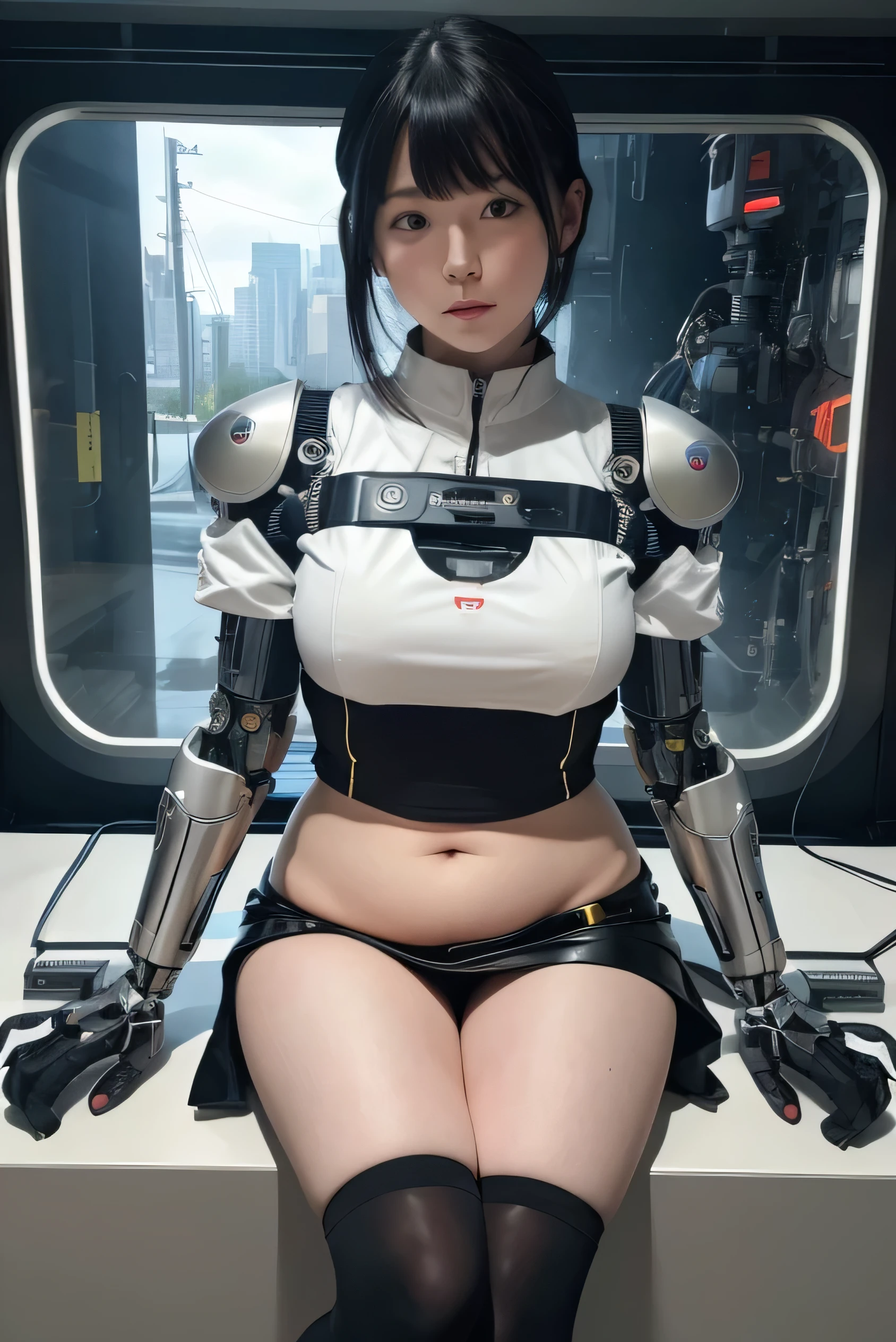 masterpiece, best quality, extremely detailed, Japaese android girl,Plump , control panels,android,Droid,Mechanical Hand, Robot arms and legs, Black hair,Blunt bangs,perfect robot girl,long tube,thick cable connected her neck,android,robot,humanoid,cyborg,japanese cyborg girl ,future laboratory,connecting a cable between the legs,skirt, high socks