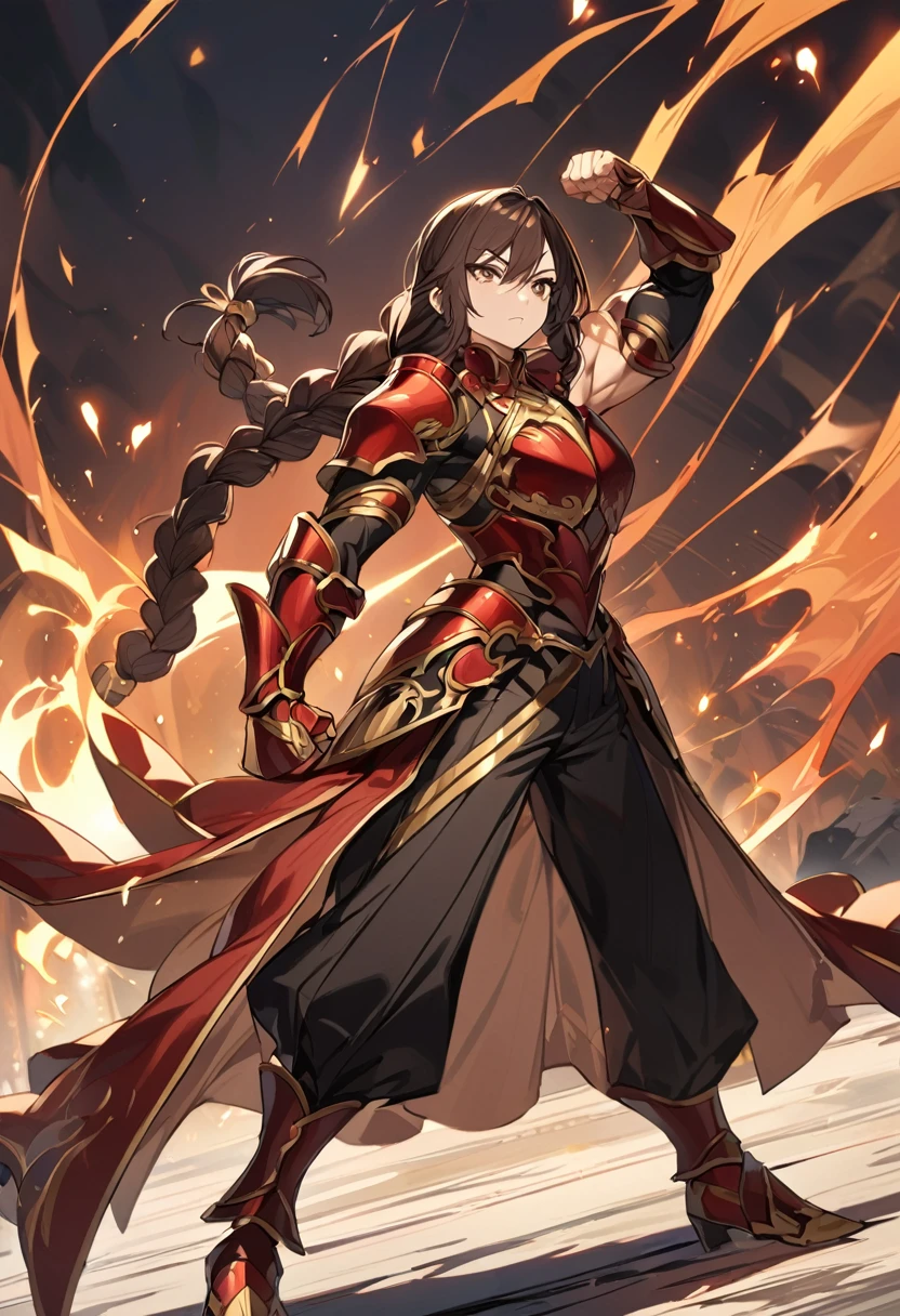 A beatiful anime woman, really long dark brown hair in braids, dark brown eyes, scar on the left eye, thin dark red armor with gold details, black pants, black boots, slim muscle build, standing in a fight pose, full body