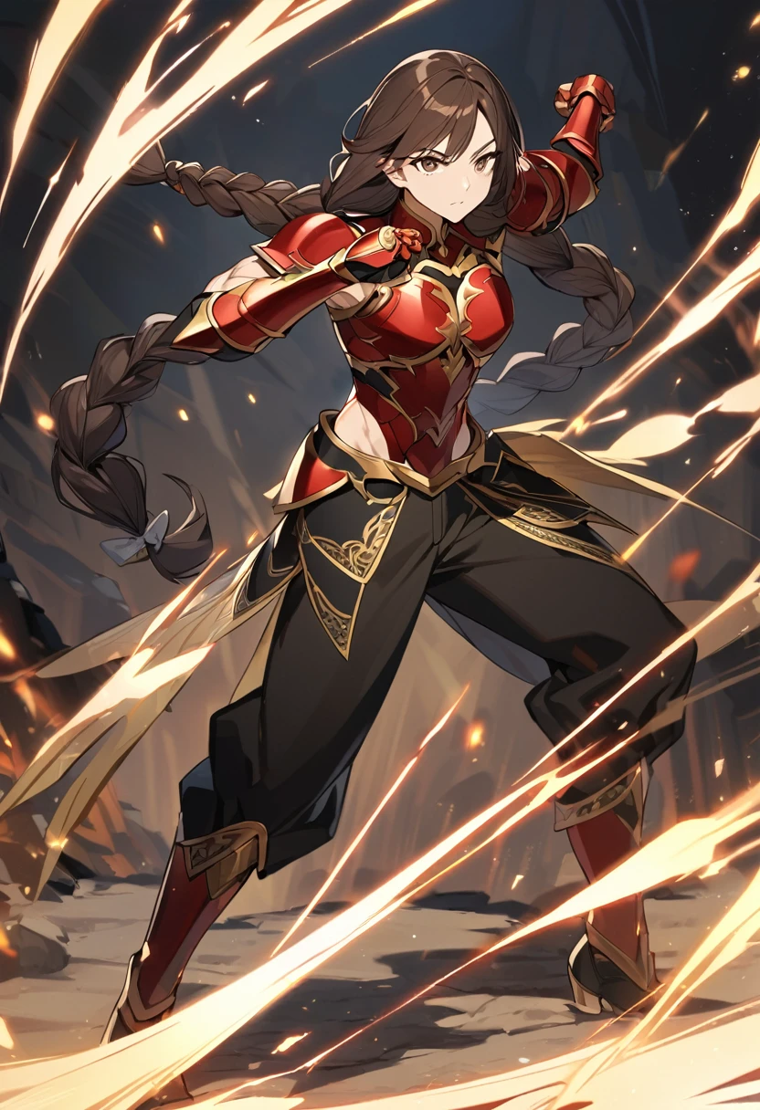 A beatiful anime woman, really long dark brown hair in braids, dark brown eyes, scar on the left eye, thin dark red armor with gold details, black pants, black boots, slim muscle build, standing in a fight pose, full body