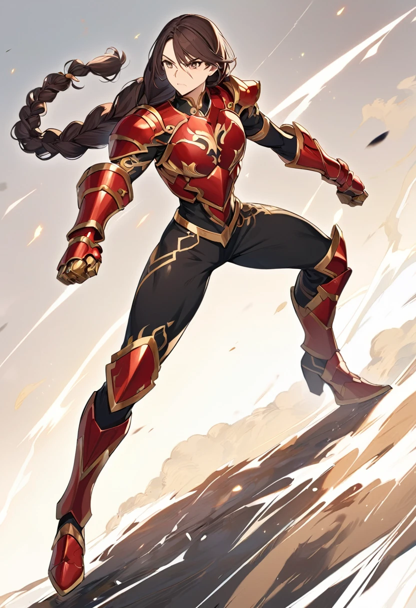A beatiful anime woman, really long dark brown hair in braids, dark brown eyes, scar on the left eye, thin dark red armor with gold details, black pants, black boots, slim muscle build, standing in a fight pose, full body