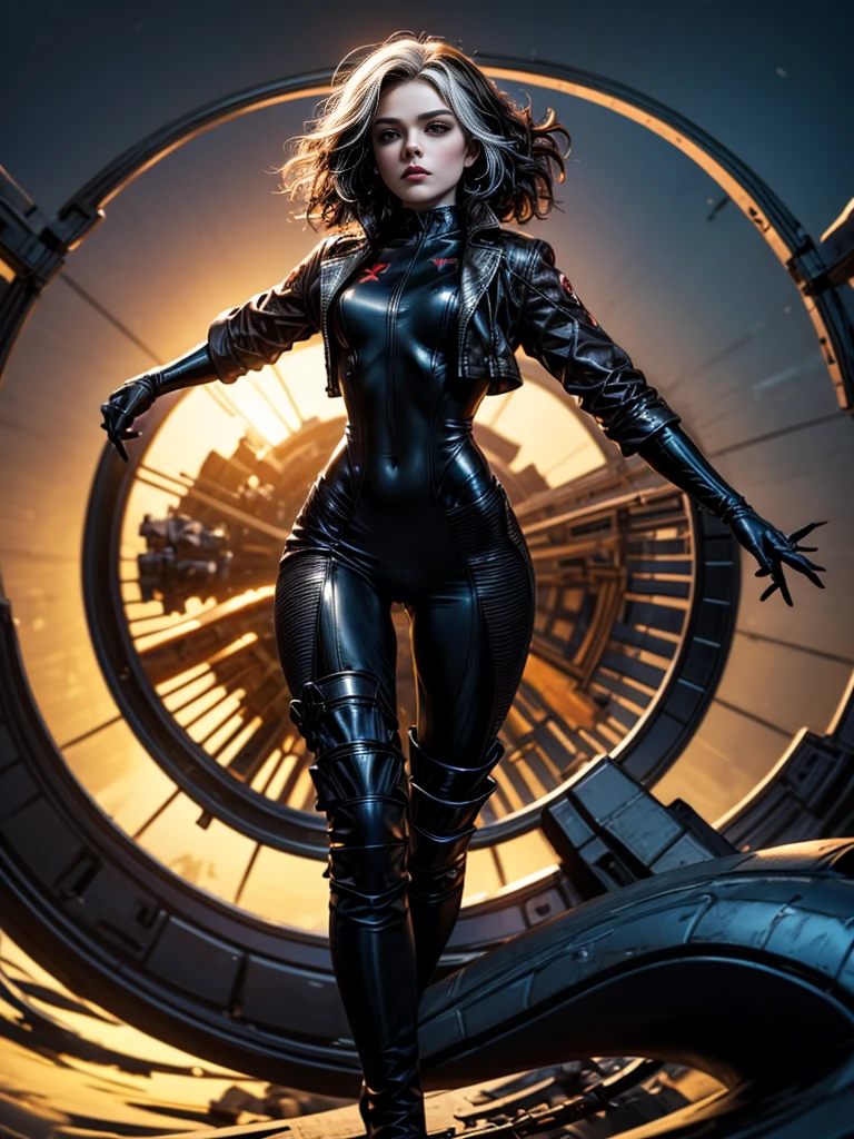 Daisy Ridley、masterpiece、High quality 4K、villain (X-Men)、Gothic Girl、Sculpted Body Gothic Makeup、Black jacket、Red and blue bodysuit、masterpiece、Highest quality、Cowboy Shots、One personの女の子、One person、Technology Military Bodysuit、fringe