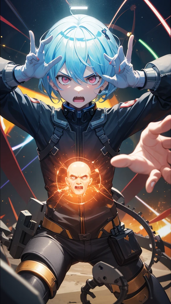 Artificial intelligence an angry 6 year old boy and a hologram in the hand of a brain