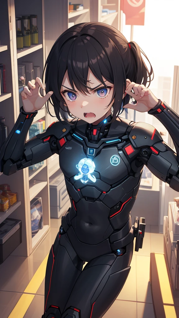 Artificial intelligence an angry 6 year old boy and a hologram in the hand of a brain