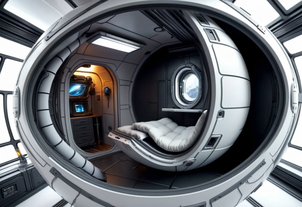 inside of a small dent and bent egg-shaped escape pod, with a chamber, interior, 4k resolution, hyperrealistic , scifi, dslr, hdr,